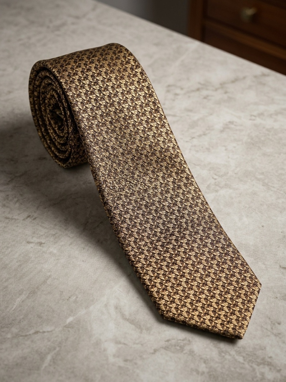 Venezia Citta D Arte Geometric Silk Tie Gold and Brown Luxury Necktie